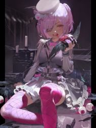 Rule 34 | 1girl, absurdres, animal, arm support, bird, blood, blood from mouth, blurry, blurry background, bow, bowtie, breasts, commentary request, crow, dress, eyeball, eyepatch, fingernails, fishnet thighhighs, fishnets, foot out of frame, grey dress, guro, hair over one eye, hand up, hat, highres, holding, holding animal, holding bird, looking at viewer, o-ring, one eye covered, one side up, open mouth, pink bow, pink bowtie, pink eyes, pink hair, pink thighhighs, sailor hat, see-through, shycocoa, silk, sitting, small breasts, solo, spider web, teeth, thighhighs, tilted headwear, white hat, wing collar