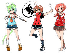 Rule 34 | 3girls, absurdres, animal ears, blush, brown hair, cat ears, cat tail, character request, dodome-iro mayonnaise, dodome mayo, green hair, highres, looking at viewer, multiple girls, open mouth, original, sharon (dodomayo), short hair, short shorts, shorts, simple background, skirt, smile, tail, white background