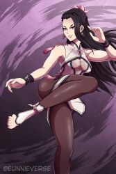 Rule 34 | 1girl, barefoot, black hair, breasts, chinese clothes, dress, earrings, eunnieverse, fighting stance, flower, hair flower, hair ornament, highres, jewelry, large breasts, lipstick, long hair, luong, makeup, mole, mole under eye, pantyhose, purple eyes, solo, the king of fighters, the king of fighters xv