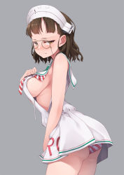Rule 34 | 1girl, alternate costume, ass, bare arms, bare shoulders, blunt bangs, blush, breasts, brown eyes, brown hair, commentary request, cosplay, cowboy shot, dress, eyewear strap, glasses, grey background, headdress, kantai collection, large breasts, libeccio (kancolle), libeccio (kancolle) (cosplay), looking at viewer, mofu namako, neckerchief, pince-nez, roma (kancolle), sailor collar, sailor dress, short hair, sideboob, simple background, sleeveless, sleeveless dress, solo, striped neckerchief, striped neckwear, white sailor collar