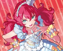 Rule 34 | 10s, 1girl, aikatsu! (series), aikatsu friends!, aqua eyes, asuka mirai (aikatsu friends!), blue dress, bow, commentary, crown, dress, frilled sleeves, frills, from above, hairband, jewelry, looking at viewer, necklace, puppeteer7777, red hair, solo, twintails, wrist cuffs, yellow bow