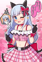 Rule 34 | &gt; &lt;, 1girl, ;d, animal ears, bare shoulders, black gloves, black hairband, blue eyes, blue hair, blush, bow, breasts, cat ears, cat tail, choker, closed eyes, collarbone, commentary request, crop top, fake animal ears, frilled bow, frills, gloves, hair bow, hairband, halftone, halftone background, hands up, heart, highres, idolmaster, idolmaster million live!, idolmaster million live! theater days, long hair, midriff, navel, nose blush, off-shoulder shirt, off shoulder, one eye closed, open mouth, pink shirt, pink skirt, plaid, plaid shirt, plaid skirt, pleated skirt, red bow, red choker, shiraishi tsumugi, shirt, skirt, small breasts, smile, snapping fingers, star (symbol), tail, takiki, translation request, very long hair