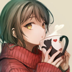 Rule 34 | 1girl, black cat, blowing, blurry, brown nails, cat, coffee mug, commentary request, cup, depth of field, fingernails, green hair, heart, highres, long fingernails, long sleeves, looking at viewer, mug, nail polish, okeno kamoku, original, parted lips, pink lips, red sweater, short hair, simple background, sleeves past wrists, steam, sweater, turtleneck, turtleneck sweater, upper body, yellow background, yellow eyes