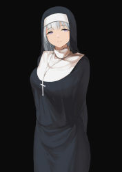 Rule 34 | absurdres, black background, breasts, cross, cross necklace, girls&#039; frontline, habit, highres, jewelry, large breasts, medium hair, necklace, nun, painnico, purple eyes, rpk-16 (girls&#039; frontline), silver hair, smile, solo, traditional nun