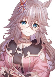Rule 34 | animal ears, blue eyes, blush, breasts, collar, commentary request, dress, fingerless gloves, gloves, grey hair, hair between eyes, hair ornament, hanma amnah, highres, horse ears, horse girl, long hair, looking at viewer, medium breasts, one eye closed, own hands together, portrait, simple background, smile, thick eyebrows, umamusume, white background, wonder acute (umamusume)