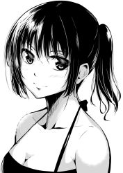 Rule 34 | 1girl, attsun (atsushi jb), bad id, bad pixiv id, bare shoulders, black hair, blush, breasts, cleavage, collarbone, face, greyscale, medium breasts, monochrome, original, ponytail, simple background, smile, solo