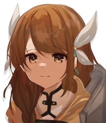 Rule 34 | 1girl, braid, braided ponytail, brown hair, closed mouth, fire emblem, fire emblem engage, goldmary (fire emblem), highres, hood, hood down, hooded top, looking at viewer, low ponytail, nintendo, portrait, ribbon, single shoulder pad, vofthefairfolk, white ribbon