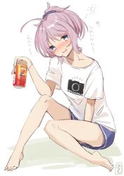 Rule 34 | 1girl, aoba (kancolle), barefoot, beer can, blue eyes, blue shorts, can, casual, commentary request, drink can, drunk, full body, kantai collection, looking at viewer, one-hour drawing challenge, ponytail, purple hair, scrunchie, shirt, shorts, simple background, sitting, solo, squeans, t-shirt, translation request, white background, white shirt, yamashichi (mtseven)