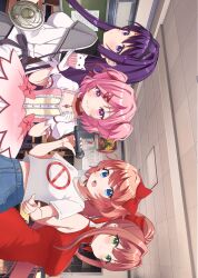 4girls akemi_homura akemi_homura_(cosplay) akemi_homura_(magical_girl) blue_eyes blush bow boyfriend_(friday_night_funkin&#039;) boyfriend_(friday_night_funkin&#039;)_(cosplay) brown_hair closed_mouth commentary_request cosplay doki_doki_literature_club dress girlfriend_(friday_night_funkin&#039;) girlfriend_(friday_night_funkin&#039;)_(cosplay) gloves green_eyes hair_bow hair_ribbon halloween high_ponytail highres holding holding_microphone holding_shield kaname_madoka kaname_madoka_(cosplay) kaname_madoka_(magical_girl) kyubey long_hair mahou_shoujo_madoka_magica mahou_shoujo_madoka_magica_(anime) microphone midriff_peek milcha_16 monika_(doki_doki_literature_club) multiple_girls natsuki_(doki_doki_literature_club) open_mouth pink_dress pink_eyes pink_hair ponytail print_shirt puffy_short_sleeves puffy_sleeves purple_eyes purple_hair red_bow red_dress red_ribbon ribbon sayori_(doki_doki_literature_club) shield shirt short_hair short_sleeves sidelocks sideways sleeveless sleeveless_dress smile turtleneck turtleneck_dress two_side_up very_long_hair white_gloves white_shirt yuri_(doki_doki_literature_club)