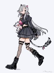 Rule 34 | 1girl, absurdres, animal ears, ankle boots, arm at side, asymmetrical horns, asymmetrical legwear, belt, black belt, black eyes, black footwear, black gloves, black horns, black jacket, black nails, black skirt, boots, borrowed character, bow, bra, breasts, chest belt, closed mouth, cow ears, cow tail, dot mouth, dot nose, expressionless, facing viewer, fingerless gloves, fishnet thighhighs, fishnets, gloves, grey hair, hair over one eye, half-shirt, highres, hikimayu, holding, holding stuffed toy, horns, jacket, juliet sleeves, layered skirt, long hair, long sleeves, looking back, looking to the side, medium breasts, memcchi, mismatched eyebrows, mismatched horns, multiple belts, original, parted hair, pink bra, pink horns, puffy sleeves, shoulder belt, signature, single sidelock, skirt, small horns, solo, stuffed animal, stuffed cow, stuffed toy, tail, tail bow, tail ornament, thigh belt, thigh strap, thighhighs, torn clothes, torn thighhighs, underwear, uneven eyes, very long hair, walking, wrist belt