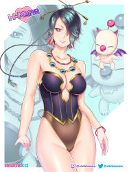 Rule 34 | 1girl, adapted costume, black hair, bracelet, breasts, cleavage, etchimune, final fantasy, final fantasy x, hair bun, hair ornament, hair stick, highleg, highleg swimsuit, jewelry, looking at viewer, lulu (ff10), moogle, necklace, one-piece swimsuit, single hair bun, smile, strapless, strapless one-piece swimsuit, swimsuit, thighs