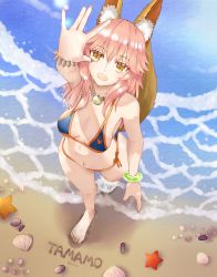 Rule 34 | 1girl, animal ear fluff, animal ears, bikini, blue bikini, breasts, character name, cleavage, day, fang, fate/grand order, fate (series), fox ears, fox tail, highres, k.a.n, long hair, looking at viewer, looking up, medium breasts, nail polish, navel, ocean, open mouth, outdoors, pink hair, side-tie bikini bottom, solo, standing, summer, swimsuit, tail, tamamo (fate), tamamo no mae (fate/extra), tamamo no mae (swimsuit lancer) (fate), yellow eyes