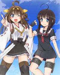 Rule 34 | 10s, 2girls, ahoge, bare shoulders, black hair, blue eyes, boots, braid, brown hair, detached sleeves, double bun, hair ornament, hairband, japanese clothes, kantai collection, kongou (kancolle), long hair, multiple girls, one eye closed, open mouth, personification, school uniform, serafuku, shigure (kancolle), single braid, smile, thigh boots, thighhighs, tsunaso (lack of sunlight), wink