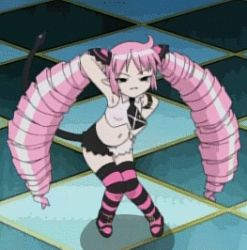 Rule 34 | 00s, 1girl, animal ears, animated, animated gif, arm behind head, arm strap, armpits, ass shake, bare shoulders, black thighhighs, breasts, buckle, cat ears, cat tail, checkered floor, crop top, dancing, demon tail, drill hair, esmerelda, full body, green eyes, half-closed eyes, hand on own hip, knees together feet apart, long hair, looking at viewer, lowres, mary janes, midriff, miniskirt, naughty face, navel, necktie, open mouth, pink hair, pink thighhighs, saint october, screencap, shoes, skirt, small breasts, solo, standing, striped clothes, striped thighhighs, tail, thighhighs, twin drills, very long hair, zettai ryouiki