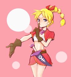 Rule 34 | 1girl, blonde hair, blue eyes, breasts, chrono cross, crop top, facial mark, finger to mouth, gloves, high ponytail, jewelry, kid (chrono cross), kiyoshi (panap23), long hair, looking at viewer, midriff, multi-tied hair, navel, necklace, ponytail, skirt, solo, vest