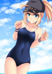Rule 34 | 1girl, ahoge, alternate costume, artoria pendragon (fate), baseball cap, black hat, blonde hair, blue eyes, blue hat, blue one-piece swimsuit, blue sky, blurry, bokeh, cloud, commentary request, competition school swimsuit, cowboy shot, cross (crossryou), day, depth of field, fate/grand order, fate (series), hair between eyes, hair through headwear, hat, horizon, legs together, looking at viewer, mysterious heroine x (fate), mysterious heroine xx (fate), narrow waist, ocean, one-piece swimsuit, outdoors, ponytail, school swimsuit, sky, smile, solo, standing, swimsuit, thighs, wristband
