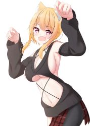 Rule 34 | 1girl, :d, absurdres, animal ear fluff, animal ears, arm up, bare shoulders, black legwear, black sleeves, black sweater, blonde hair, blush, breasts, brown skirt, cat ears, cleavage, commentary request, detached sleeves, fang, hand up, highres, large breasts, long hair, long sleeves, looking at viewer, navel, nekobaka, open mouth, original, pleated skirt, purple eyes, sidelocks, simple background, single leg pantyhose, skirt, sleeveless, sleeveless sweater, smile, solo, sweater, transparent background, white background
