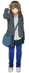 Rule 34 | 1girl, :o, arm at side, arm up, bag, blazer, blue pants, brown eyes, brown hair, collared shirt, emblem, full body, green skirt, grey jacket, jacket, long hair, long sleeves, looking at viewer, mattaku mousuke, miniskirt, open clothes, open jacket, open mouth, original, pants, plaid, plaid skirt, pleated skirt, school uniform, scratching head, shirt, shoes, shoulder bag, simple background, skirt, sneakers, solo, standing, track pants, twitter username, unbuttoned, white background, white footwear, white shirt
