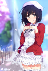 Rule 34 | 1girl, black hair, blurry, cherry blossoms, depth of field, dress, frilled dress, frilled thighhighs, frills, hat, katou megumi, looking at viewer, ogipote, own hands together, petals, ribbon, saenai heroine no sodatekata, short hair, smile, solo, thighhighs, white hat, zettai ryouiki