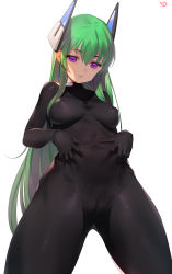 Rule 34 | 1girl, absurdres, artist name, bodysuit, borrowed character, breasts, cameltoe, cleft of venus, covered erect nipples, covered navel, cowboy shot, eyebrows, gluteal fold, green hair, half-closed eyes, headgear, highres, long hair, looking at viewer, medium breasts, menou kaname (taishi), original, purple eyes, signature, simple background, skin tight, smile, solo, standing, white background, yd (orange maru)