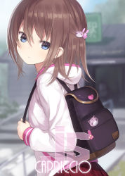 Rule 34 | 1girl, artist name, backpack, bag, blue eyes, blue sky, blurry, blurry background, brown hair, capriccio, closed mouth, commentary request, day, detached sleeves, hair between eyes, hair ornament, head tilt, holding, hood, hood down, hoodie, looking at viewer, looking to the side, original, outdoors, pleated skirt, rabbit hair ornament, red skirt, skirt, sky, solo, white hoodie