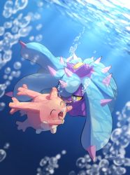Rule 34 | absurdres, air bubble, blue eyes, blush, bubble, commentary request, corsola, creatures (company), closed eyes, game freak, gen 2 pokemon, gen 7 pokemon, highres, light beam, looking at another, mareanie, nintendo, no humans, nullma, open mouth, pokemon, pokemon (creature), sharp teeth, signature, smile, teeth, tongue, underwater, water surface