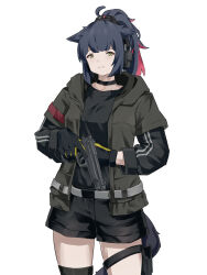 Rule 34 | 1girl, ahoge, animal ears, arknights, beretta 92, black choker, black gloves, black shirt, black shorts, cat ears, cat girl, cat tail, choker, commentary, ears down, gloves, green eyes, grey jacket, gun, handgun, headset, high ponytail, highres, holding, holding gun, holding weapon, hood, hood down, hooded jacket, jacket, jessica (arknights), knee pads, long hair, long sleeves, microphone, multicolored hair, mutugorou u, open clothes, open jacket, pink hair, purple hair, shirt, shorts, sidelocks, simple background, single knee pad, solo, tail, thigh strap, thighs, trigger discipline, two-tone hair, weapon, white background