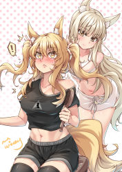 Rule 34 | !, 2girls, ^^^, absurdres, alternate hairstyle, animal ear fluff, animal ears, arknights, bare shoulders, black legwear, black shirt, black shorts, blonde hair, blush, breasts, brown eyes, chinese commentary, collarbone, commentary request, crop top, hair between eyes, hair brush, halftone, halftone background, head tilt, highres, holding, holding brush, horse girl, large breasts, long hair, midriff, multiple girls, navel, nearl (arknights), off-shoulder shirt, off shoulder, partial commentary, platinum (arknights), shirt, short shorts, short sleeves, shorts, silver hair, sitting, stomach, tail, thighhighs, twintails, very long hair, white background, white shorts, wing (4486066), yellow eyes