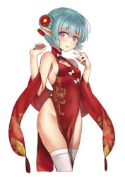 Rule 34 | 1girl, bare shoulders, blush, braid, braided bun, breasts, china dress, chinese clothes, covered navel, dress, elf, green hair, hair bun, looking at viewer, no bra, no panties, original, piano-alice, pointy ears, purple eyes, shawl, side slit, simple background, single hair bun, sleeveless, small breasts, solo, thighhighs, white background, white thighhighs