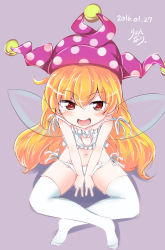 Rule 34 | 1girl, 2016, artist name, blonde hair, blush, bra, cat cutout, cat lingerie, cleavage cutout, clothing cutout, clownpiece, crossed legs, dated, double v, fairy wings, hat, heart, heart-shaped pupils, highres, jester cap, looking at viewer, meme attire, navel, open mouth, panties, polka dot, red eyes, ryannari, side-tie panties, simple background, sitting, solo, symbol-shaped pupils, thighhighs, touhou, underwear, v, white bra, white panties, wings