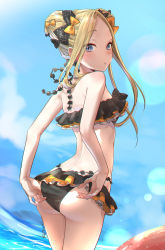Rule 34 | 1girl, abigail williams (emerald float) (fate), abigail williams (fate), adjusting clothes, adjusting swimsuit, ass, back, bare shoulders, bikini, black bikini, black bow, black skirt, blonde hair, blue eyes, blue sky, blush, bow, breasts, cst, day, double bun, emerald float, fate/grand order, fate (series), forehead, frilled bikini, frills, hair bow, hair bun, highres, long hair, looking at viewer, looking back, microskirt, multiple hair bows, ocean, official alternate costume, open mouth, orange bow, panties, panty pull, parted bangs, polka dot, polka dot bow, sidelocks, skirt, sky, small breasts, solo, swimsuit, teasing, thighs, underwear