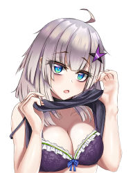 Rule 34 | 1girl, aa-12 (girls&#039; frontline), airbo, blue eyes, blush, bra, breasts, cleavage, clothes lift, collarbone, commentary, girls&#039; frontline, hair ornament, highres, long hair, looking at viewer, medium breasts, open mouth, purple bra, purple shirt, shirt, shirt lift, silver hair, solo, star (symbol), star hair ornament, underwear, upper body, white background