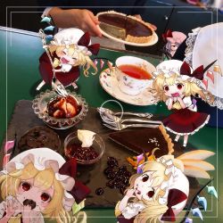 Rule 34 | 1other, 5girls, ^ ^, artist self-insert, bat wings, bow, cake, cake slice, closed eyes, crystal, cup, eating, fangs, flandre scarlet, food, food in mouth, food on face, fork, hat, highres, looking at viewer, mini person, minigirl, mob cap, mochacot, multiple girls, one side up, open mouth, peeking, photo background, plate, red bow, red eyes, red skirt, red vest, remilia scarlet, saucer, short hair, shy, siblings, sisters, skirt, skirt set, socks, spoon, spork, table, tart (food), teacup, touhou, vest, wings