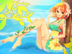 Rule 34 | 1girl, bangle, barefoot, bracelet, breasts, brown eyes, earrings, feet, flower, food, fruit, grin, hair flower, hair ornament, himerinco, jewelry, large breasts, log pose, mandarin orange, matching hair/eyes, nami (one piece), one piece, orange eyes, orange hair, partially submerged, plant, smile, solo, tattoo, vines, water