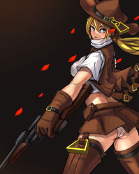 Rule 34 | 1girl, ass, ayakumo, back, blonde hair, blue eyes, boots, breasts, brown hair, brown thighhighs, cowboy hat, cowboy western, female focus, garter straps, gun, handgun, hat, highres, large breasts, looking at viewer, midriff, miniskirt, open clothes, open vest, original, panties, pantyshot, petals, ponytail, shirt, short sleeves, skirt, smile, solo, standing, thighhighs, tongue, tongue out, underwear, vest, weapon, white panties