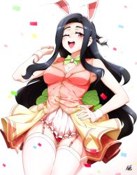 Rule 34 | 1girl, alternate costume, animal ears, black hair, breasts, rabbit ears, cleavage, commentary, commission, confetti, english commentary, fake animal ears, hand on own hip, highres, kellzallday, long hair, looking to the side, mahouka koukou no rettousei, medium breasts, one eye closed, open mouth, red eyes, saegusa mayumi, skindentation, smile, solo, thick thighs, thigh gap, thighs, white background