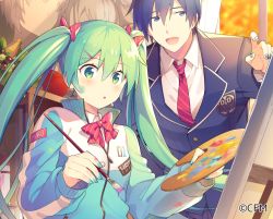 Rule 34 | 1boy, 1girl, aqua eye, aqua hair, aqua nails, art room, badge, banana, blue nails, blue suit, bookshelf, bow, bowtie, calendar (medium), crypton future media, easel, food, formal, fruit, grapes, hair bow, hatsune miku, indoors, jacket, kaito (vocaloid), leaning forward, long hair, mannequin, nail polish, necktie, official art, open mouth, paint on clothes, paint on fingers, paint splatter, paint splatter on face, paintbrush, painting (action), palette (object), pointing, ribbed jacket, shirt, sinaooo, smile, striped bow, striped bowtie, striped clothes, striped neckwear, suit, suit jacket, track jacket, twintails, very long hair, vocaloid, white shirt, window