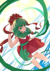 Rule 34 | 1girl, absurdres, alternate costume, amynos, bow, dress, front ponytail, green eyes, green hair, highres, kagiyama hina, looking at viewer, red bow, red dress, red ribbon, ribbon, smile, solo, touhou