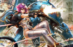 Rule 34 | 1girl, black gloves, black jacket, breasts, cleavage, copyright name, covered navel, dcwj, feet out of frame, fingerless gloves, firing, ghost in the shell, gloves, gun, highleg, highleg leotard, highres, jacket, kusanagi motoko, large breasts, leotard, medium hair, parted lips, purple hair, red eyes, solo, thighhighs, weapon