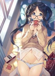Rule 34 | 1girl, aran sweater, bad id, bad pixiv id, bed sheet, belt, black-framed eyewear, black hair, blue eyes, blue panties, blush, box, breasts, breath, brown sweater, cable knit, cleavage, collared shirt, commentary request, condom, condom wrapper, eyewear pull, from above, glasses, groin, highres, holding, holding condom, idolmaster, idolmaster shiny colors, indoors, komi zumiko, long hair, looking at viewer, lying, medium breasts, military, military uniform, mitsumine yuika, naval uniform, on back, on bed, panties, panty pull, parted bangs, parted lips, pillow, plaid, plaid skirt, rain, red skirt, shirt, sidelocks, skirt, smile, solo, striped clothes, striped sweater, sweat, sweater, twintails, underwear, uniform, unworn belt, unworn skirt, white legwear, white shirt, window