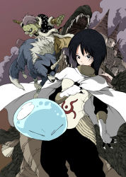 Rule 34 | 1boy, 1girl, 1other, absurdres, androgynous, black eyes, black hair, castle, cloak, closed mouth, cover image, gloves, gobuta (tensei shitara slime datta ken), hand on own chest, highres, izawa shizue, long hair, looking at viewer, makkamu, novel illustration, official art, ranga (tensei shitara slime datta ken), rimuru tempest, slime (creature), tensei shitara slime datta ken, textless version, veldora (tensei shitara slime datta ken), white gloves