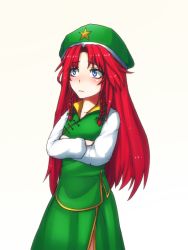 Rule 34 | 1girl, beret, blondy (ldlong), blue eyes, blush, braid, crossed arms, hat, hong meiling, long hair, long sleeves, parted bangs, red hair, solo, star (symbol), touhou, twin braids, white background