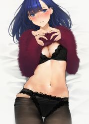 Rule 34 | 1girl, black bra, black panties, black pantyhose, blue eyes, blue hair, blush, bra, breasts, character request, cleavage, clothes lift, clothes pull, fur, groin, hands up, highres, large breasts, lingerie, long hair, looking at viewer, lying, mole, mole on breast, mole on shoulder, mole under eye, navel, on back, open mouth, panties, pantyhose, pantyhose pull, sidelocks, skindentation, solo, stomach, sweater, sweater lift, thighband pantyhose, underwear, yomu (sgt epper)