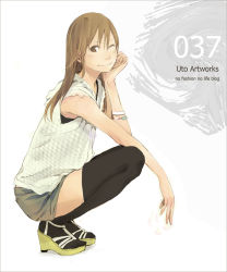Rule 34 | 1girl, bad id, bad pixiv id, blouse, bracelet, brown eyes, brown hair, english text, espadrilles, fashion, female focus, from side, full body, head rest, high heels, jewelry, one eye closed, original, shirt, shoes, shorts, sleeveless, sleeveless shirt, smile, solo, squatting, thighhighs, white background, wink, yoshito