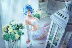 Rule 34 | 1girl, arm support, bikini, bikini top only, blue eyes, blue hair, blush, bouquet, breasts, bridal veil, chinese commentary, cleavage, commentary request, detached sleeves, flower, frilled skirt, frills, green flower, hair over one eye, hairband, highres, indoors, jewelry, looking to the side, medium breasts, necklace, pearl necklace, re:zero kara hajimeru isekai seikatsu, rem (re:zero), short hair, sitting, skirt, solo, swimsuit, thighhighs, veil, white bikini, white skirt, white thighhighs, wo jiushi kanbudong, yellow flower