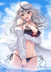 Rule 34 | 1girl, absurdres, bare shoulders, breasts, cleavage, grey hair, highres, hololive, holox, large breasts, long hair, medium breasts, multicolored hair, open mouth, panties, red eyes, sakamata chloe, solo, streaked hair, underwear, virtual youtuber, yoppy paint