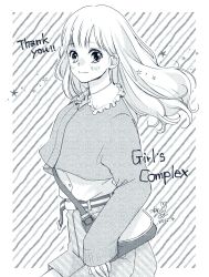 Rule 34 | 1girl, bag, belt, blouse, buckle, cardigan, collar, dated, diagonal stripes, english text, frilled collar, frills, greyscale, hair behind ear, handbag, highres, long hair, long sleeves, looking at viewer, monochrome, original, pleated skirt, shirt, signature, skirt, sleeves past wrists, smile, solo, star (symbol), striped, suzuishi ai, thank you, white collar, white hair, white shirt