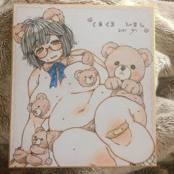 Rule 34 | 1girl, ahoge, animal ears, arm support, bandaid, black hair, blue ribbon, blush, breast suppress, breasts, commentary request, dated, detached collar, drawing (object), feet out of frame, fur (clothing), glasses, highres, large breasts, medium hair, muroku (aimichiyo0526), navel, no nose, open mouth, pasties, picture frame, plump, raised eyebrows, ribbon, signature, socks, solo, sweat, tareme, thick thighs, thighs, traditional media, translation request, white background, white footwear