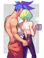 Rule 34 | 2boys, androgynous, asymmetrical hair, back, black pants, blue hair, border, cup, from behind, galo thymos, green hair, grey background, highres, holding, holding cup, lio fotia, lukiarab, male focus, mohawk, multiple boys, outside border, pants, promare, red pants, short hair, sidecut, steam, sweatpants, topless male, undercut, undressing another, unzipping, white border, yaoi