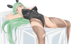 Rule 34 | 1girl, absurdres, alternate costume, animal ears, aqua hair, armpits, arms up, black bow, black bowtie, black leotard, bow, bowtie, breasts, brown thighhighs, commentary request, detached collar, green eyes, highleg, highleg leotard, highres, kantai collection, leotard, long hair, lying, maonatten, medium breasts, on back, pantyhose, playboy bunny, rabbit ears, rabbit tail, shiny clothes, simple background, smile, solo, spread legs, strapless, strapless leotard, suzuya (kancolle), tail, thighhighs, torn clothes, torn pantyhose, white background, wrist cuffs